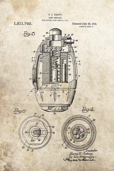 Weapon Blueprints: H.E. Asbury Hand Grenade Patent Sketch (Foxed) by Dan Sproul