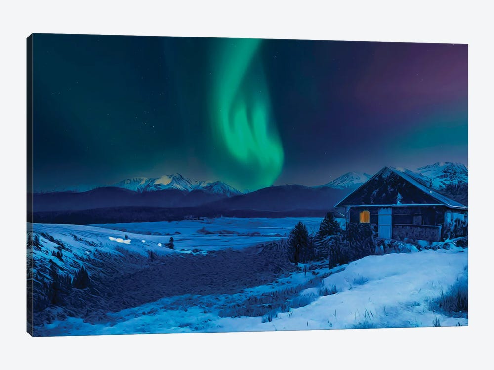 Winter Cabin Mountain Aurora by Dan Sproul 1-piece Canvas Artwork