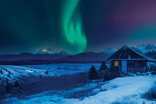 Cabins: Winter Cabin Mountain Aurora by Dan Sproul