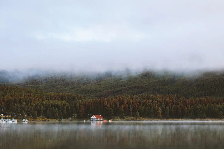 Foggy Boathouse Reflection