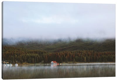 Foggy Boathouse Reflection Canvas Art Print - Mist & Fog Art
