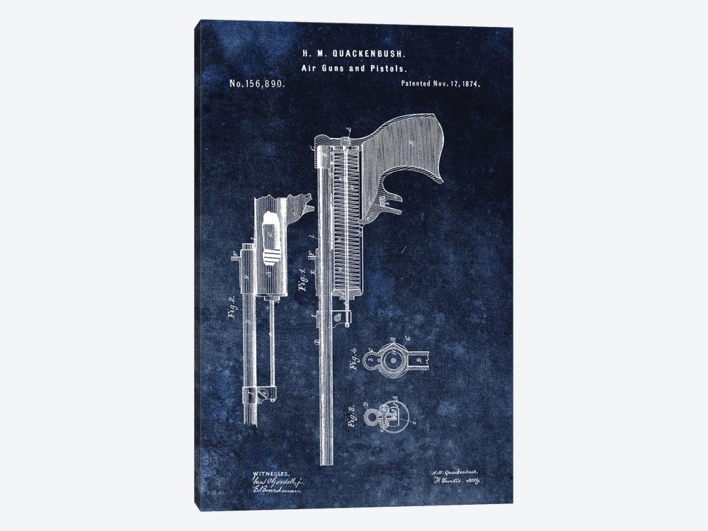 H.M. Quackenbush Air Guns & Pistols Patent Sketch (Vintage Blue) by Dan Sproul 1-piece Canvas Art