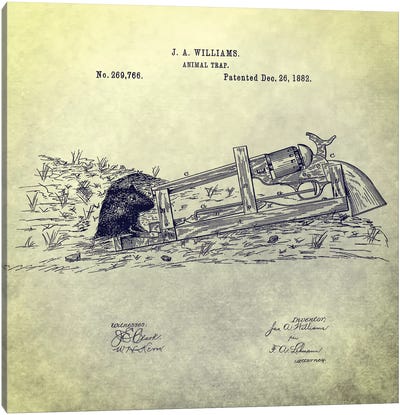 J.A. Williams Animal Trap Patent Sketch (Antique) Canvas Art Print