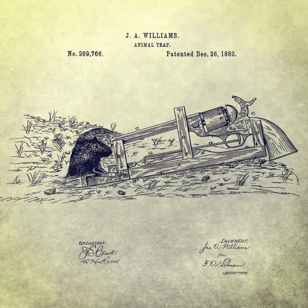 Weapon Blueprints: J.A. Williams Animal Trap Patent Sketch (Antique) by Dan Sproul