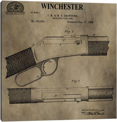 J.M & M.S Browning (Winchester) Magazine Fire Arm Patent Sketch (Antique) Canvas Art Print - Weapon Blueprints