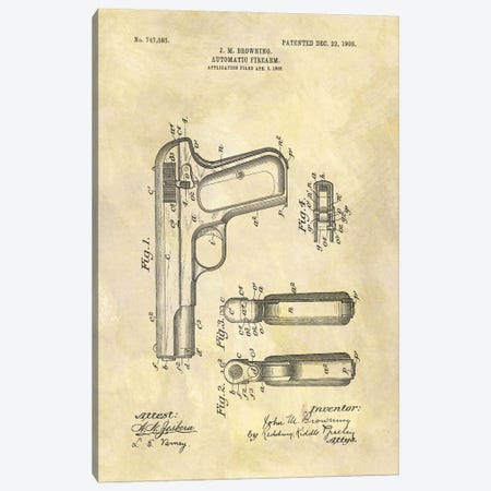 J.M. Browning Automatic Firearm Patent Sketch (Foxed) Canvas Print #DSP43} by Dan Sproul Canvas Art