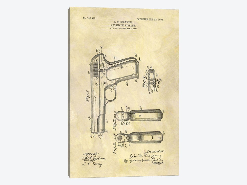 J.M. Browning Automatic Firearm Patent Sketch (Foxed) 1-piece Canvas Print