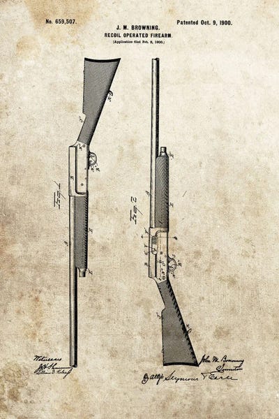 Blueprints & Patent Sketches - Canvas Prints: J.M. Browning Recoil Operated Firearm Patent Sketch (Foxed) by Dan Sproul