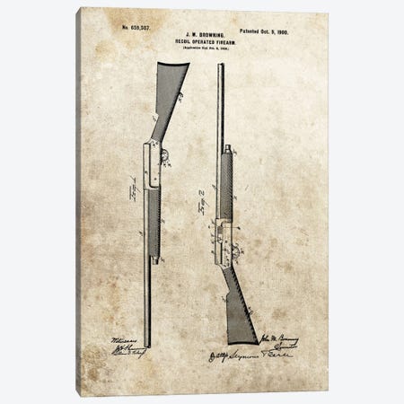 J.M. Browning Recoil Operated Firearm Patent Sketch (Foxed) Canvas Print #DSP45} by Dan Sproul Art Print