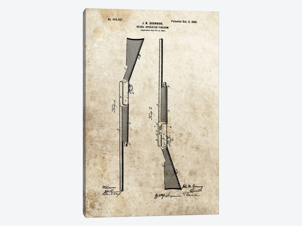 J.M. Browning Recoil Operated Firearm Patent Sketch (Foxed) 1-piece Canvas Print