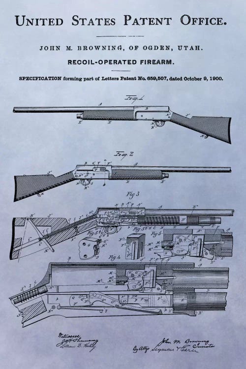 J.M. Browning Recoil-Operated  Firearm Patent Sketch (Light Blue)