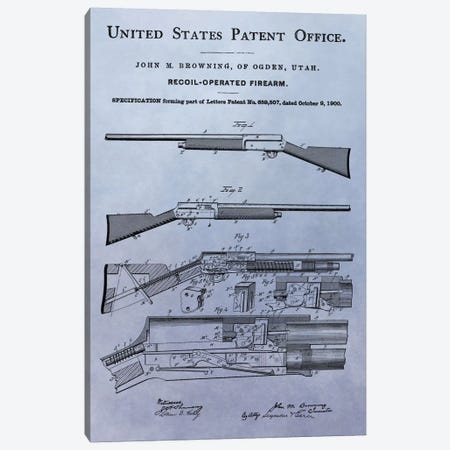 J.M. Browning Recoil-Operated  Firearm Patent Sketch (Light Blue) Canvas Print #DSP46} by Dan Sproul Art Print