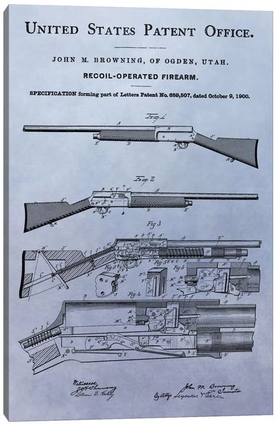 J.M. Browning Recoil-Operated  Firearm Patent Sketch (Light Blue) Canvas Art Print - Weapon Blueprints
