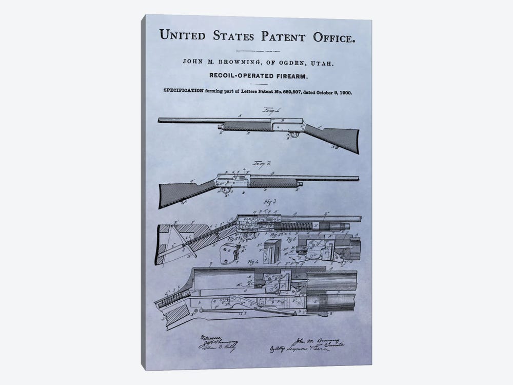 J.M. Browning Recoil-Operated  Firearm Patent Sketch (Light Blue) by Dan Sproul 1-piece Canvas Wall Art