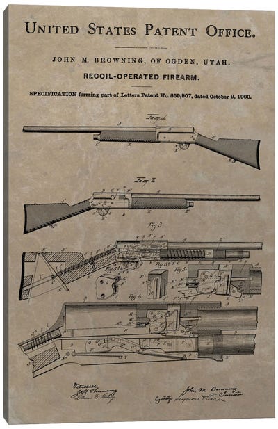 J.M. Browning Recoil-Operated  Firearm Patent Sketch (Vintage Slate) Canvas Art Print - Dan Sproul