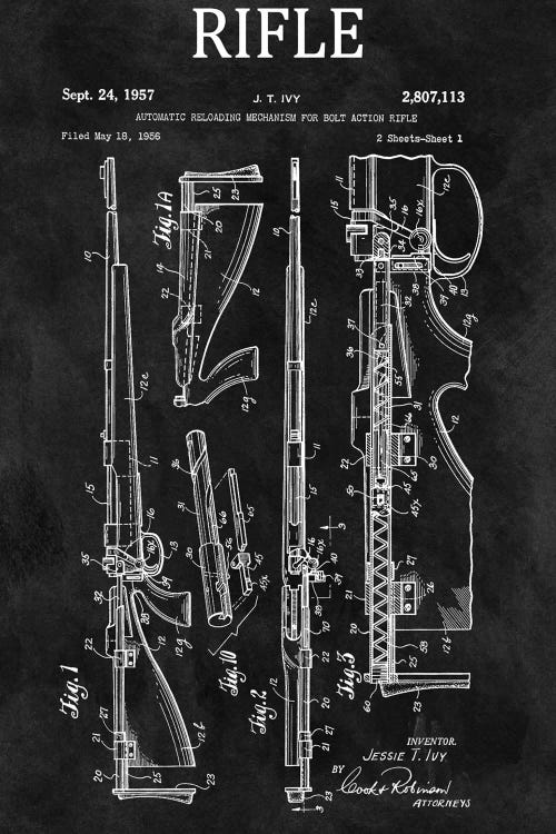 J.T. Ivy Automatic Reloading Mechanism For Bolt Action Rifle Patent Sketch (Chalkboard)