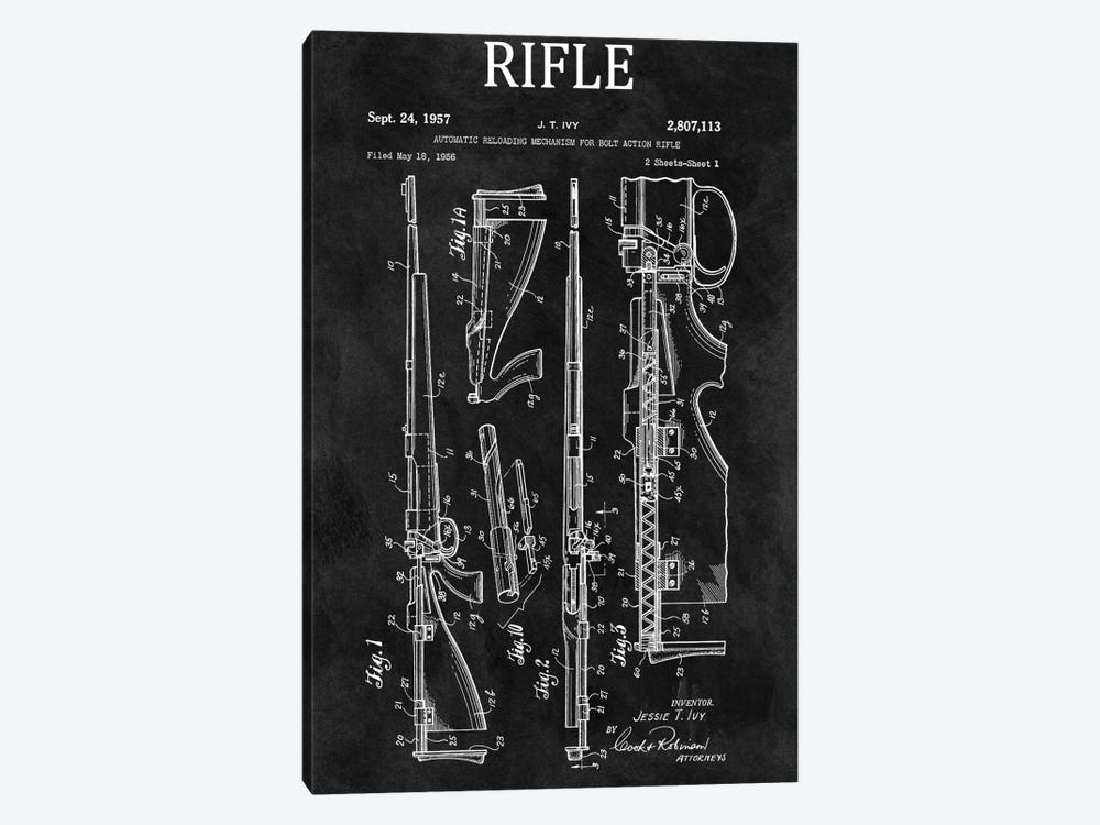 J.T. Ivy Automatic Reloading Mechanism For Bolt Action Rifle Patent Sketch (Chalkboard) by Dan Sproul 1-piece Canvas Artwork