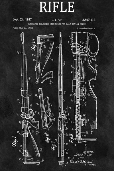 Weapon Blueprints: J.T. Ivy Automatic Reloading Mechanism For Bolt Action Rifle Patent Sketch (Chalkboard) by Dan Sproul