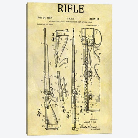 J.T. Ivy Automatic Reloading Mechanism For Bolt Action Rifle Patent Sketch (Foxed) Canvas Print #DSP49} by Dan Sproul Canvas Artwork