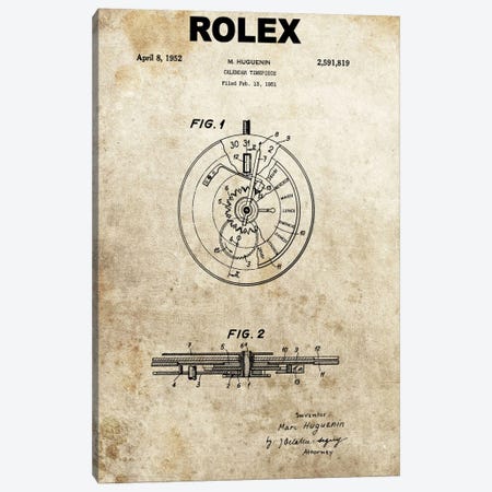 M. Huguenin (Rolex) Calendar Timepiece Patent Sketch (Foxed) Canvas Print #DSP50} by Dan Sproul Canvas Print