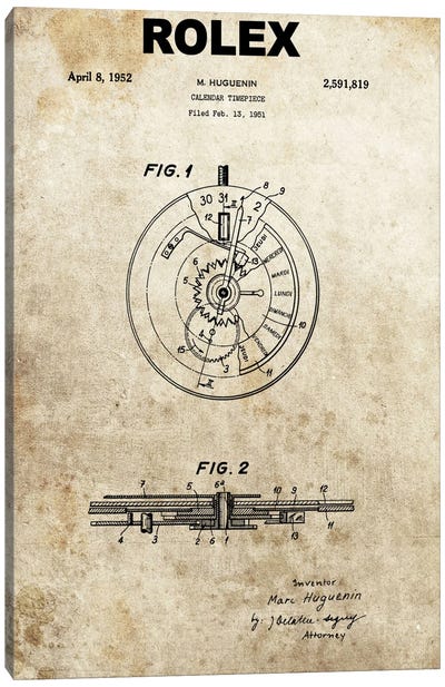 M. Huguenin (Rolex) Calendar Timepiece Patent Sketch (Foxed) Canvas Art Print - Dan Sproul