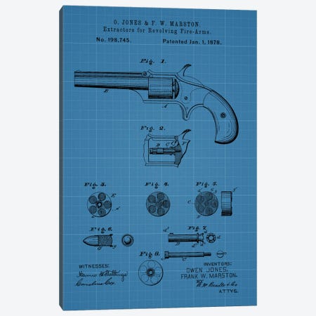 O. Jones & F.W. Marston Extractors For Revolving Fire-Arms Patent Sketch (Blue Grid) Canvas Print #DSP51} by Dan Sproul Canvas Print