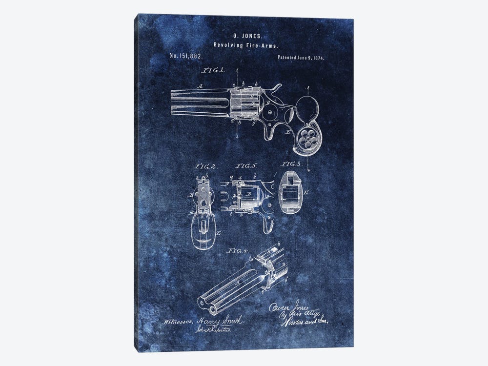 O.Jones Revolving Fire-Arms Patent Sketch (Vintage Blue) 1-piece Canvas Wall Art