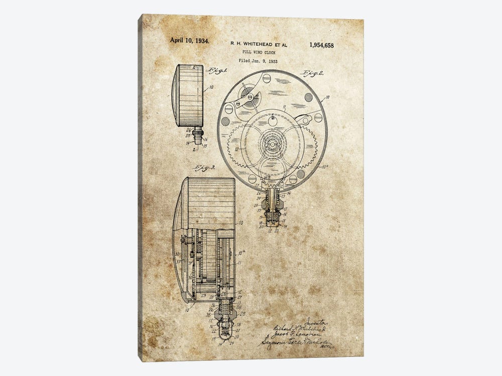 R.H.Whitehead Full Wind Clock Patent Sketch (Foxed) 1-piece Canvas Print