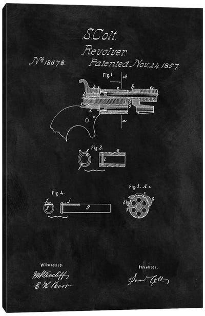 S. Colt Revolver Patent Sketch (Chalkboard) Canvas Art Print - Weapon Blueprints