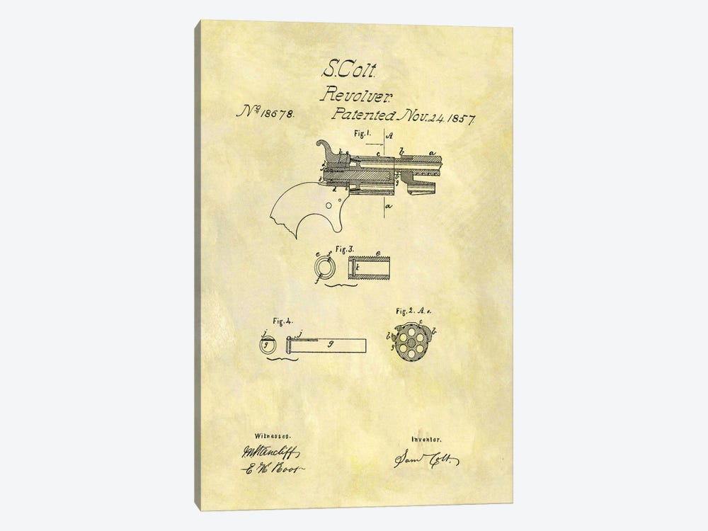 S. Colt Revolver Patent Sketch (Foxed) 1-piece Canvas Art Print