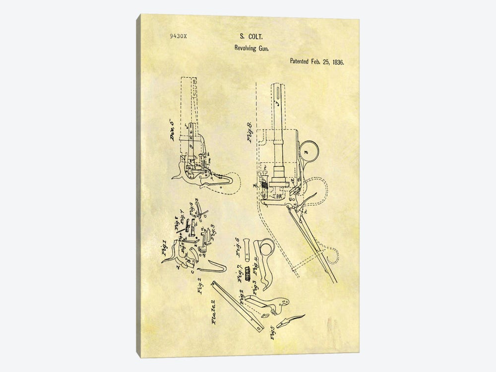 S. Colt Revolving Gun Patent Sketch (Foxed) 1-piece Canvas Print