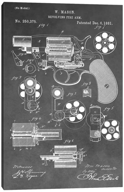 W. Mason Revolving Fire Arm Patent Sketch (Vintage Grey) Canvas Art Print - Weapon Blueprints