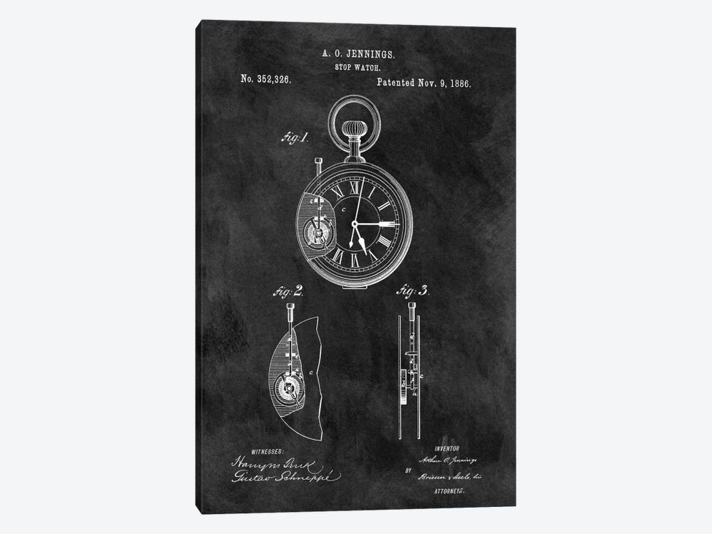 A.O. Jennings Stop Watch Patent Sketch (Chalkboard) by Dan Sproul 1-piece Canvas Artwork