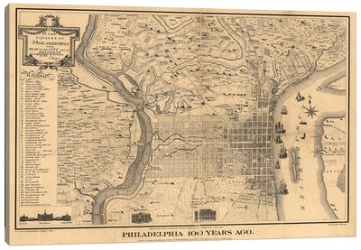 Philadelphia 100 Years Ago Map, 1875 Canvas Art Print