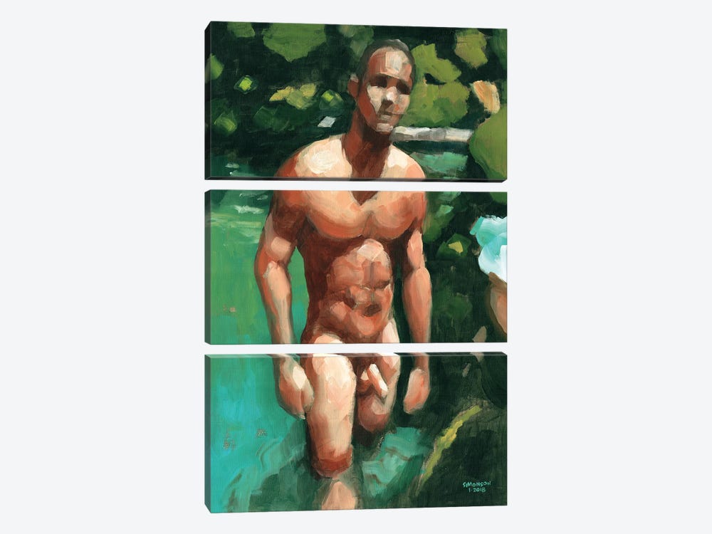 Nude Male In Tropical Pool by Douglas Simonson 3-piece Canvas Print