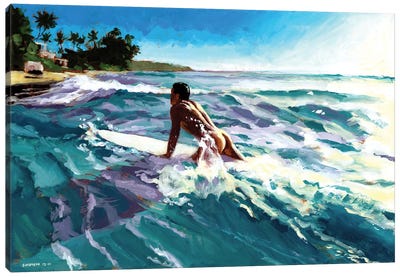 Surfer Coming In Canvas Art Print - Tropical Beach Art