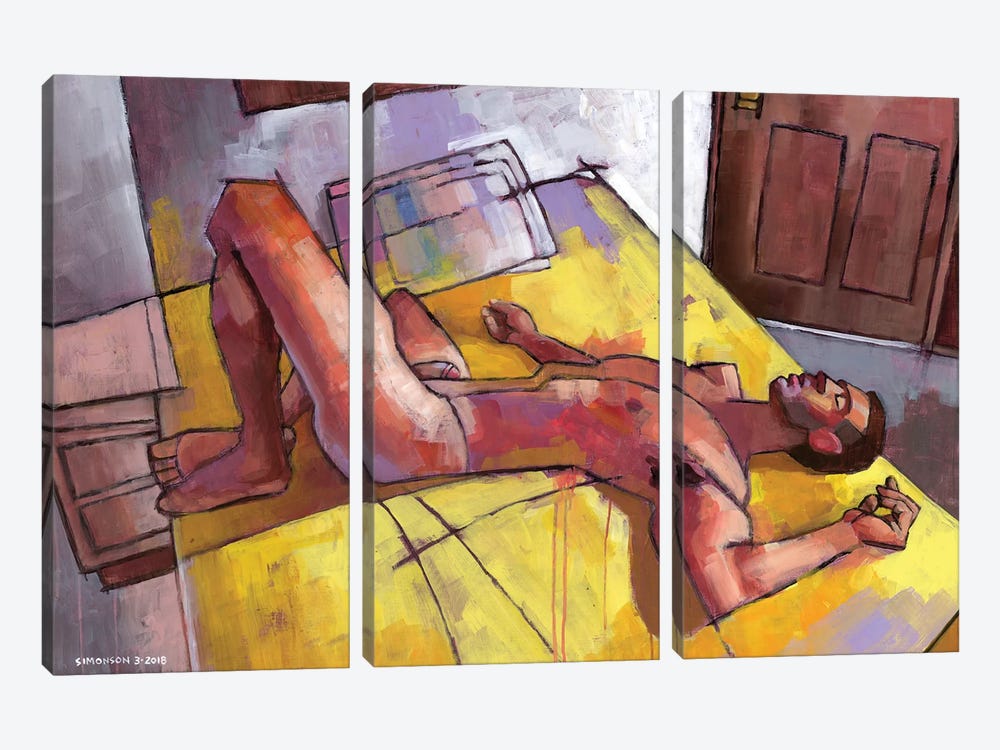 Zach And The Yellow Bedspread by Douglas Simonson 3-piece Canvas Print