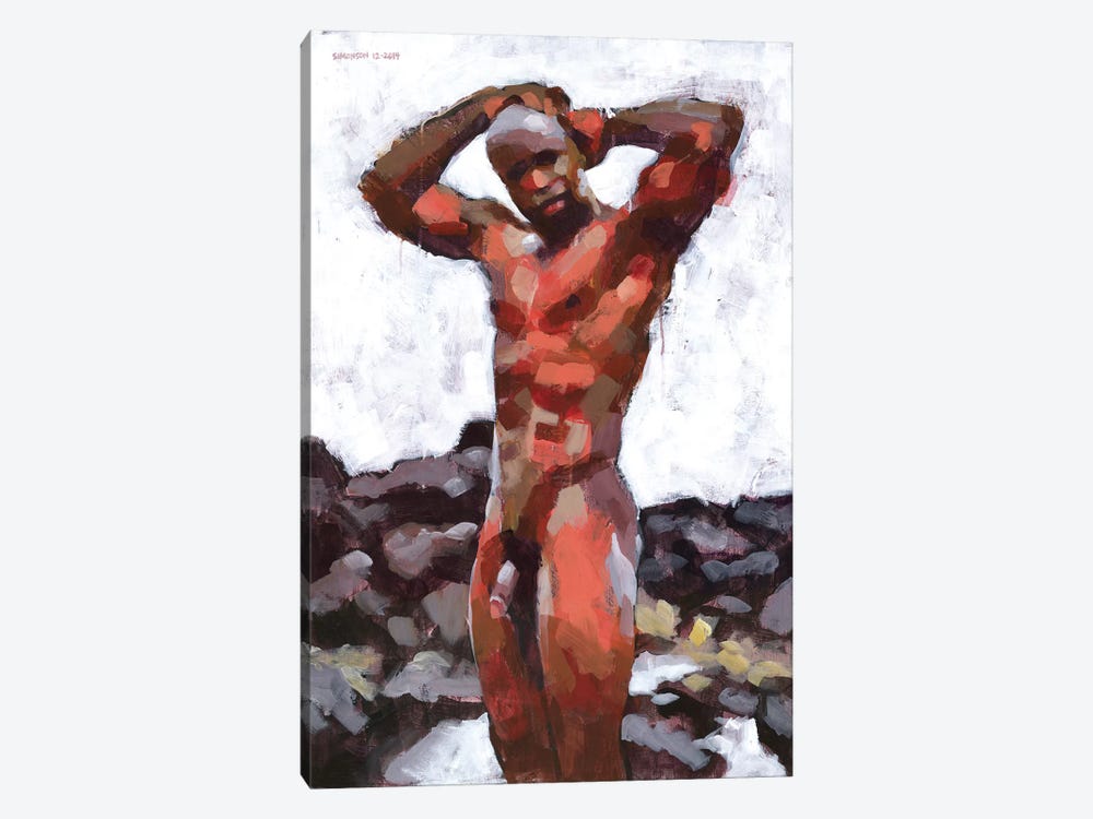 Black Male Nude In Lava Rocks by Douglas Simonson 1-piece Canvas Print
