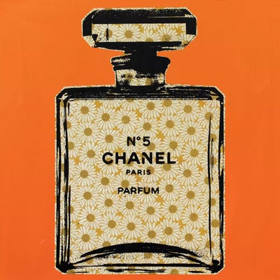 Framed Canvas Art (Champagne) - Chanel No 5 by Dane Shue ( Fashion > Hair & Beauty > Perfume Bottles art) - 26x26 in