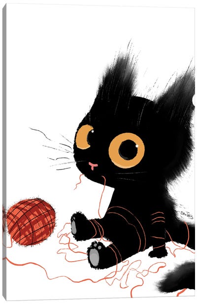 Black Cat With Yarn Canvas Art Print - Dan Tavis