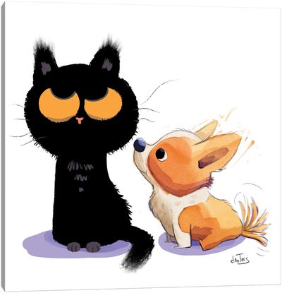 Corgi And Cat Canvas Art Print - Dan Tavis