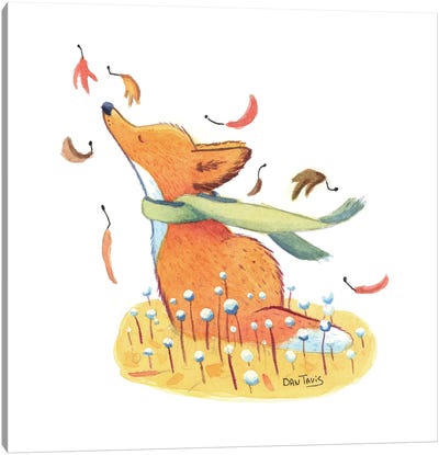 Fox And Falling Leaves Canvas Art Print - Dan Tavis