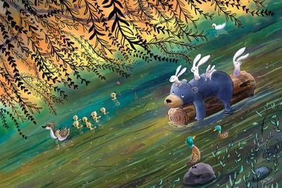 Bear And Bunnies River Ride by Dan Tavis canvas print