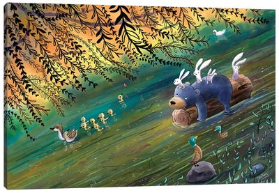 Bear And Bunnies River Ride Canvas Art Print - Dan Tavis
