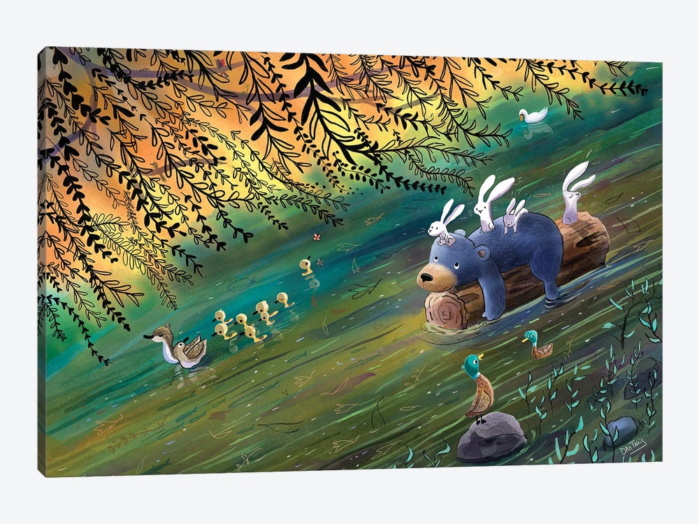Bear And Bunnies River Ride by Dan Tavis 1-piece Canvas Art
