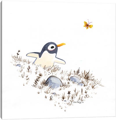 Penguin And Butterfly Canvas Art Print - Penguin Art