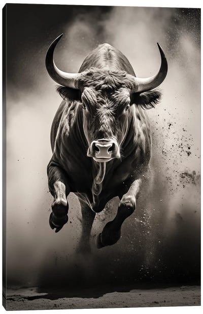Bull Black Canvas Art Print - Black & White Animal Art