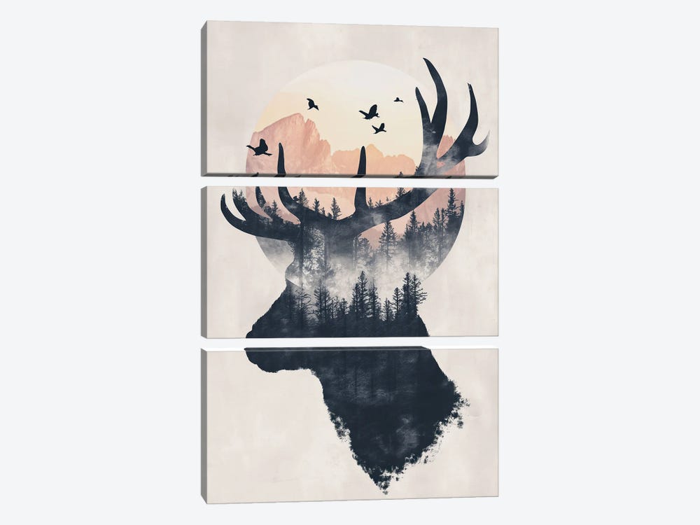 Deer Double Exposure by Durro Art 3-piece Canvas Print