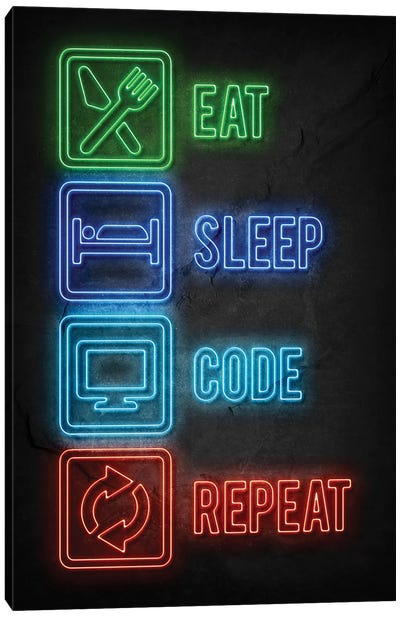 Eat Sleep Code Repeat Canvas Art Print - Neon Art