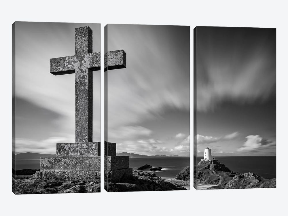 Cross At Twr Mawr Lighthouse by Dave Bowman 3-piece Canvas Print
